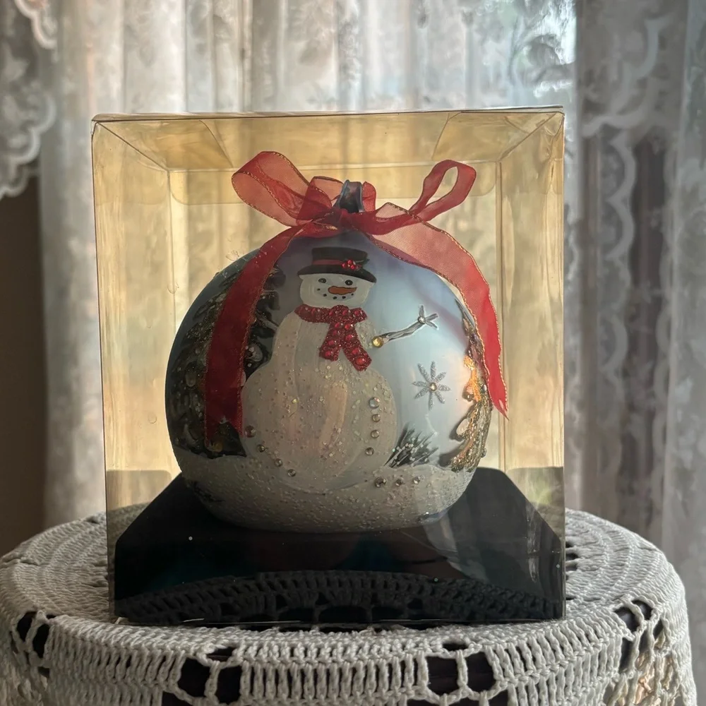 Hand Painted Glass Ornament Vintage Christmas Snowman Large Jumbo Tree Decor